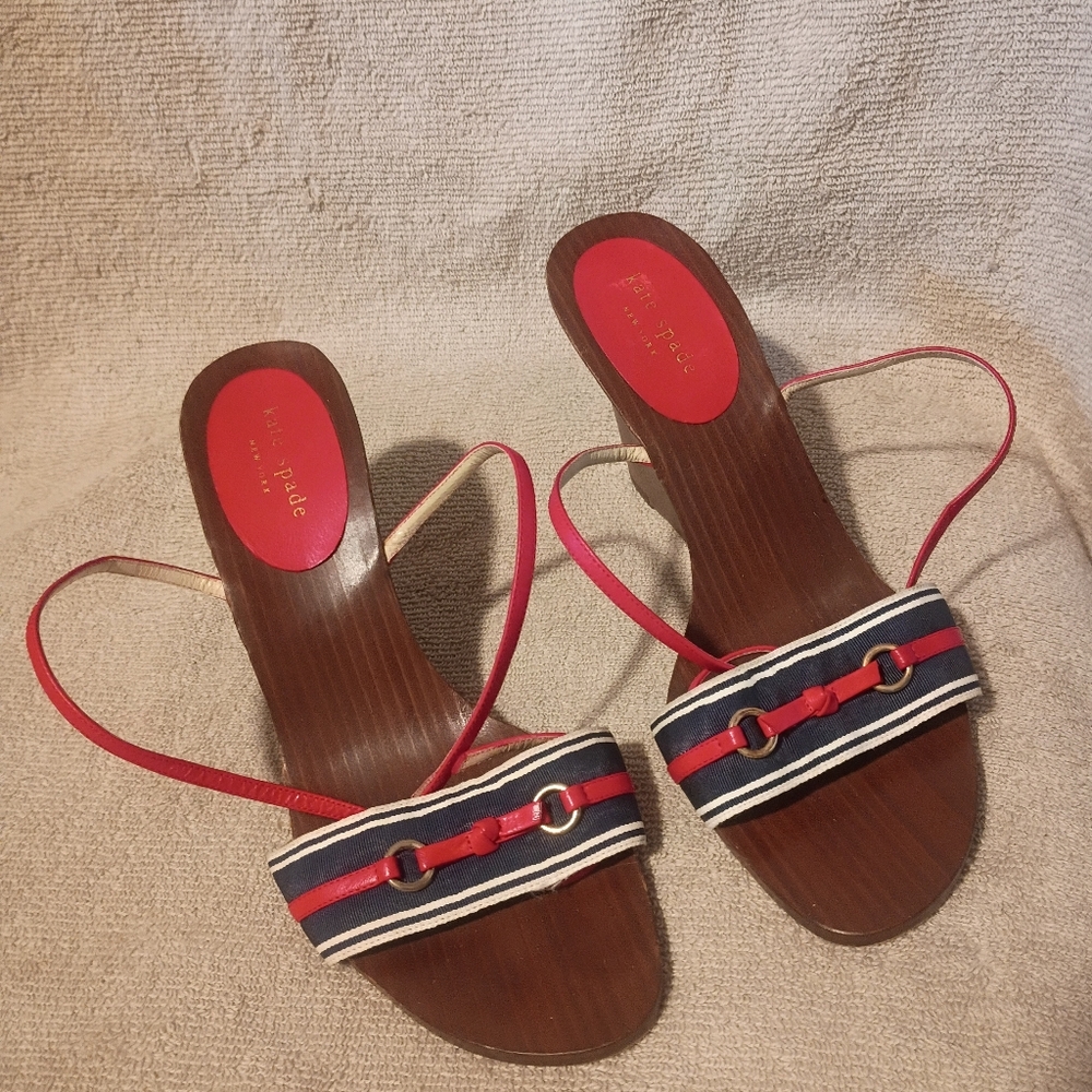 kate spade Navy, Red & White Striped Leather Wood-Effect Slide Sandals